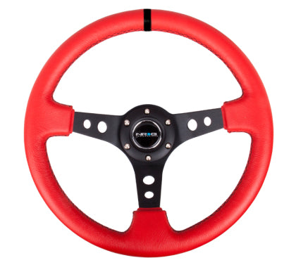 NRG - Reinforced Steering Wheel (350mm / 3in. Deep) Red Suede w/Blk Circle Cutout Spokes
