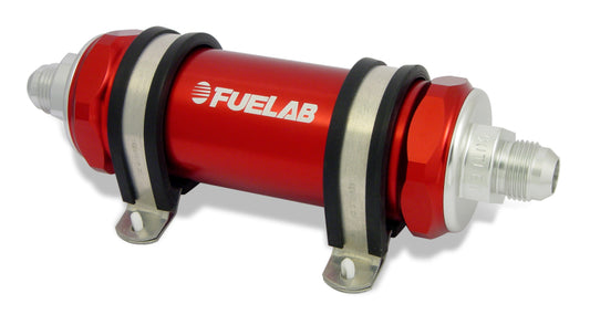 Fuelab 828 In-Line Fuel Filter Long -12AN In/Out 100 Micron Stainless - Red