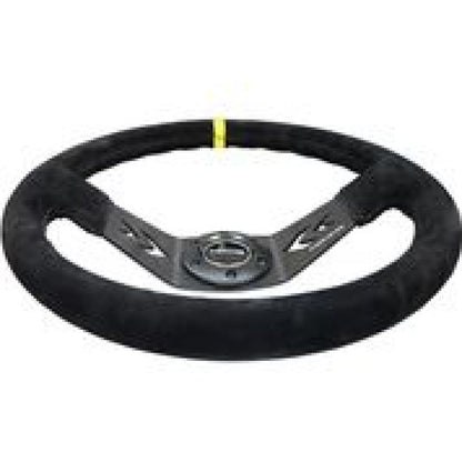 NRG Reinforced Steering Wheel (350mm / 3in. Deep) Blk Suede w/NRG Arrow Cut 2-Spoke & Yellow Mark