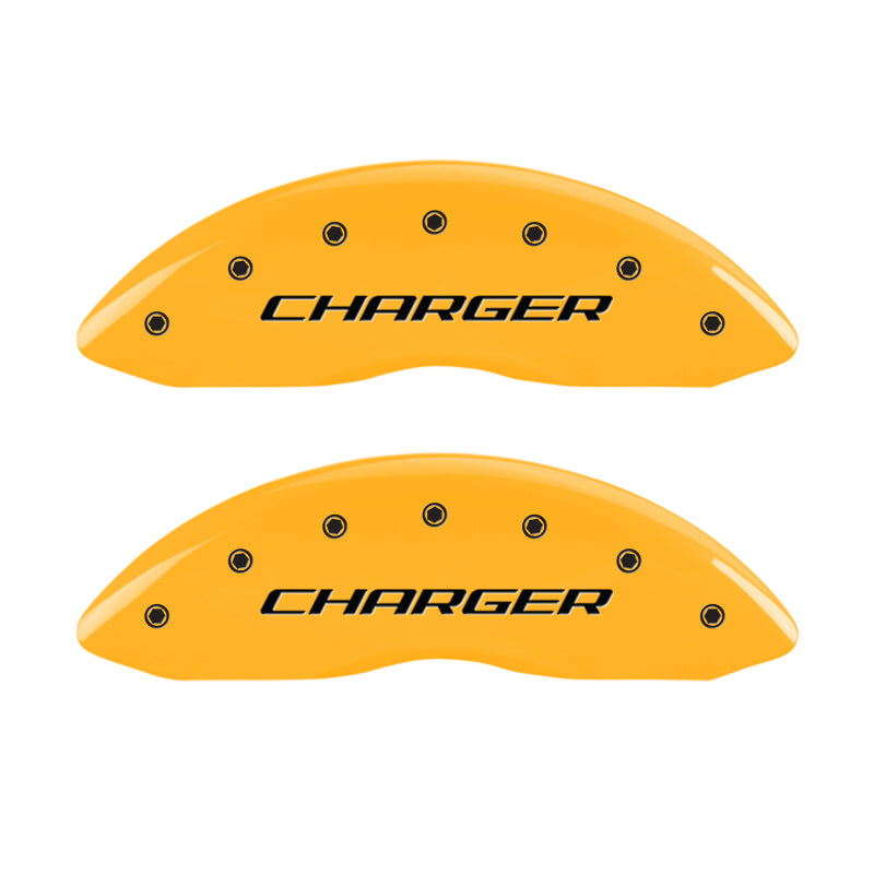 MGP 4 Caliper Covers Engraved Front & Rear Block/Charger Yellow finish black ch