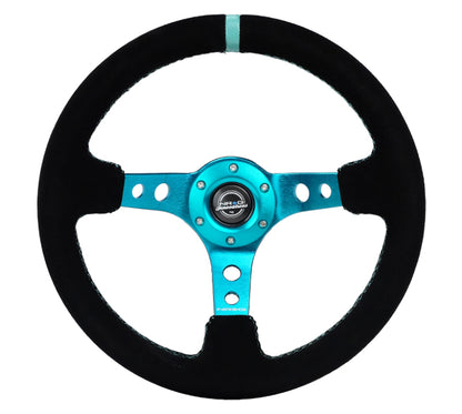 NRG Reinforced Steering Wheel (350mm/ 3in. Deep) Black Suede/ Teal Center Mark/ Teal Stitching