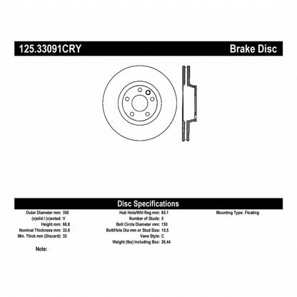 Centric Premium 03-18 Porsche Cayenne Front Right CRYO-STOP Rotor