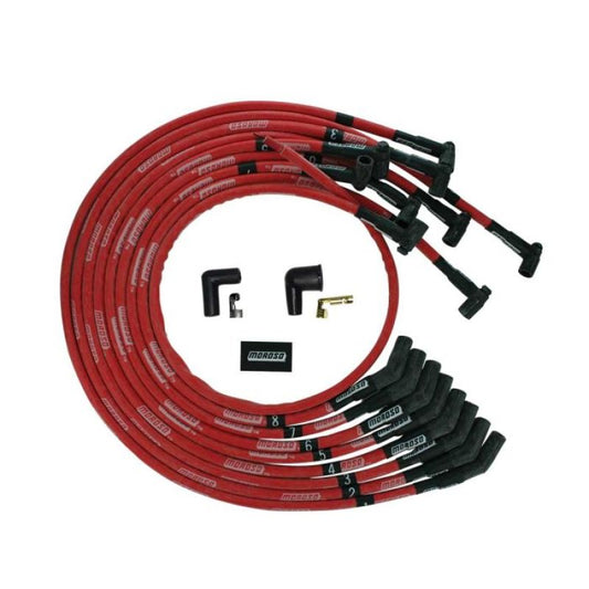 Moroso BBC Under Header 135 Deg Plug Boot HEI Sleeved Ultra Spark Plug Wire Set - Red