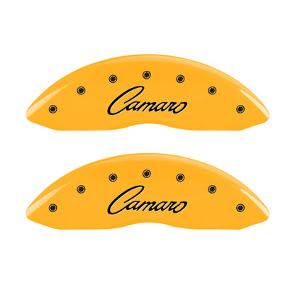 MGP 4 Caliper Covers Engraved Front & Rear Cursive/Camaro Yellow finish black ch