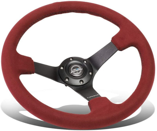 NRG Reinforced Steering Wheel (350mm/ 3in. Deep) Black Spoke/ Burgundy Alcantara w/ Black Stitch