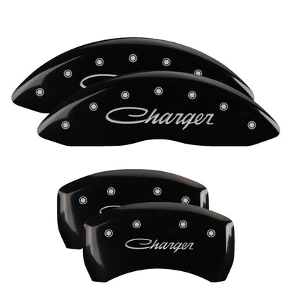 MGP 4 Caliper Covers Engraved Front Cursive/Challenger Engraved Rear RT Black finish silver ch