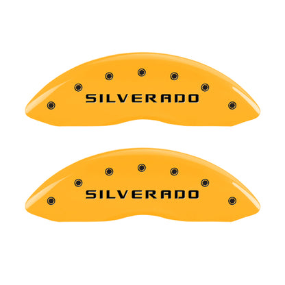 MGP 4 Caliper Covers Engraved Front & Rear Silverado Yellow finish black ch