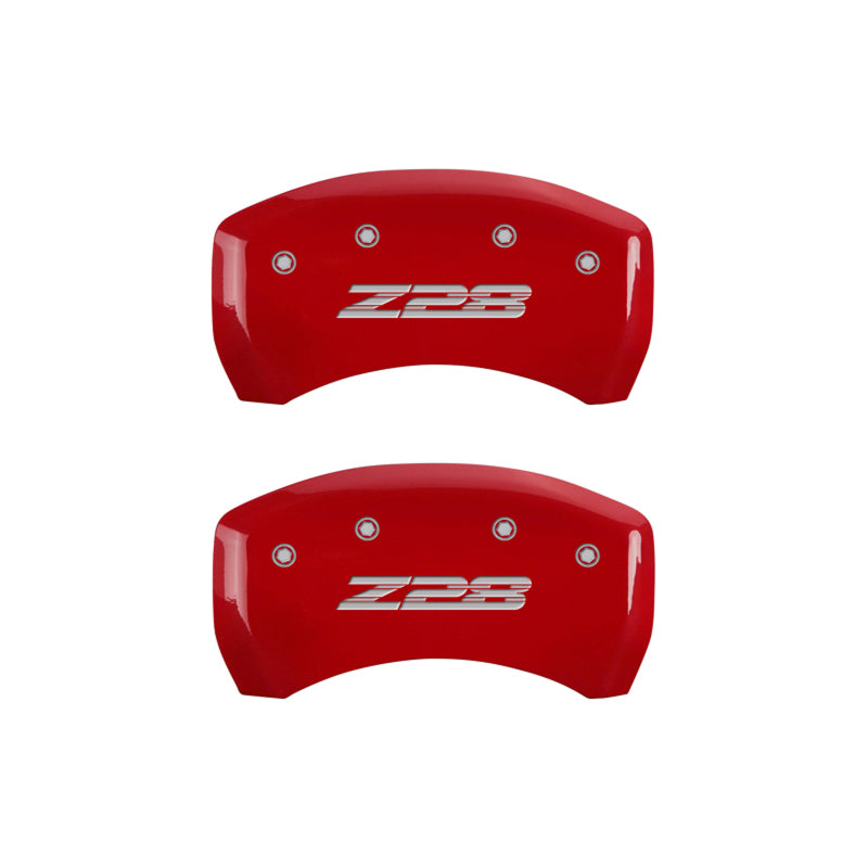 MGP 4 Caliper Covers Engraved Front Gen 4/Camaro Engraved Rear Gen 4/Z28 Red finish silver ch