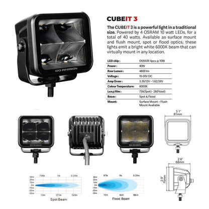 Go Rhino Xplor Blackout Series Cube LED Spot Light Kit (Surface/Threaded Stud Mnt) 3x3 - Blk (Pair)