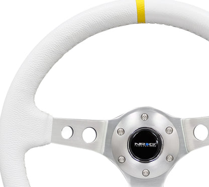 NRG Reinforced Steering Wheel (350mm / 3in. Deep) Wht Leather w/Silver Spoke & Single Yellow Mark