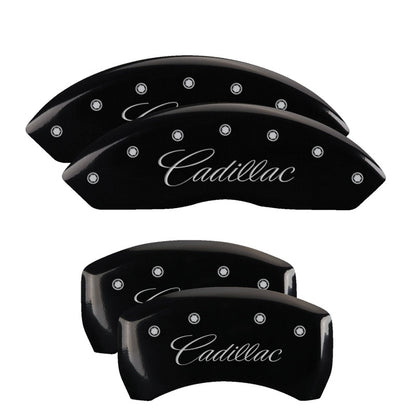 MGP 4 Caliper Covers Engraved F & R Cursive/Cadillac Black Finish Silver Char 2017 Cadillac XT5