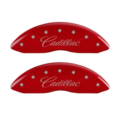 MGP 4 Caliper Covers Engraved Front Cursive/Cadillac Engraved Rear CTS Red finish silver ch