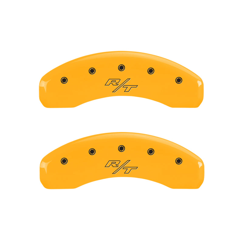 MGP 4 Caliper Covers Engraved Front Cursive/Challenger Engraved Rear RT Yellow finish black ch