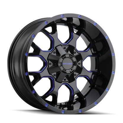 Mayhem 8015 Warrior 20x9 / 5x150 BP / 0mm Offset / 110mm Hub Black w/ Prism Blue Wheel