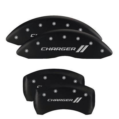 MGP 4 Caliper Covers Engraved Front & Rear Cursive/Challenger Black finish silver ch