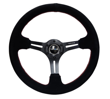 NRG - Reinforced Steering Wheel (350mm / 3in. Deep) Blk Suede w/Red Stitching & 5mm Spokes w/Slits
