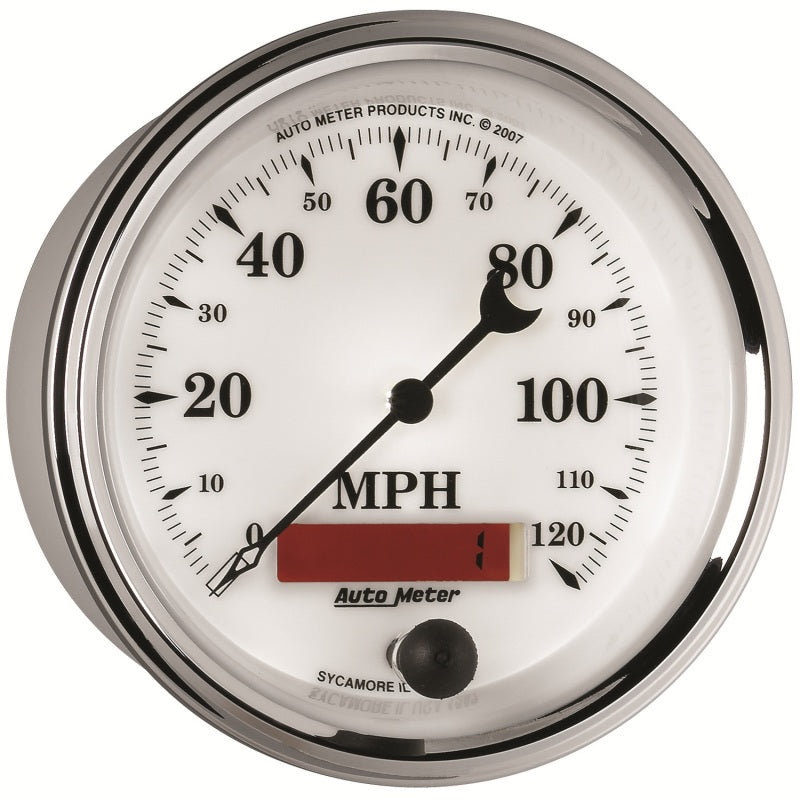 AutoMeter Gauge Speedometer 3-3/8in. 120MPH Elec. Prog. W/ Lcd Odo Old Tyme Wht II