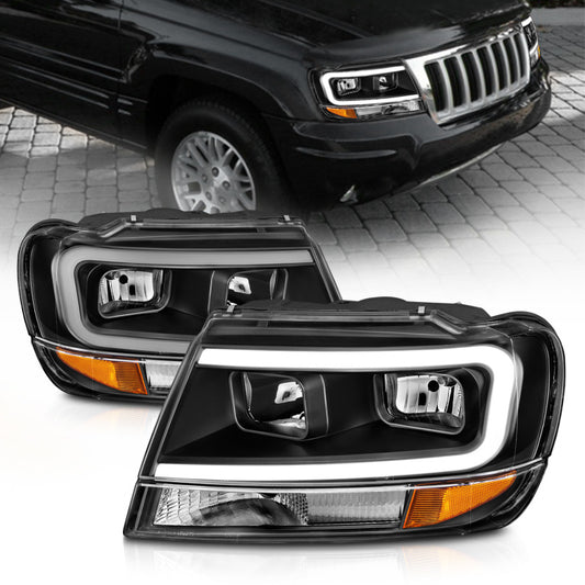 ANZO 99-04 Jeep Grand Cherokee Crystal Headlights - w/ Light Bar Black Housing