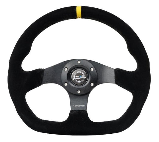 NRG Reinforced Steering Wheel (320mm) Sport Suede Dual Push Buttons Flat Bottom w/ Yellow Center