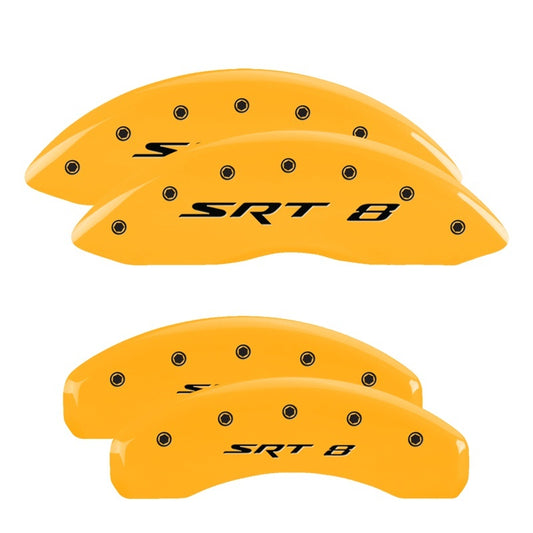 MGP 4 Caliper Covers Engraved Front & Rear 11-18 Jeep Grand Cherokee Yellow Finish Black SRT-8 Logo