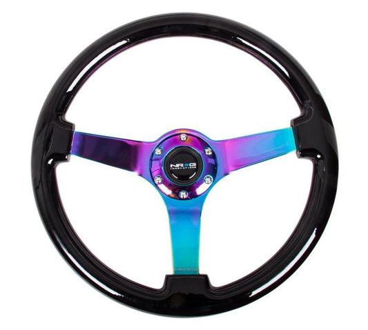 NRG Reinforced Steering Wheel (350mm / 3in Deep) Classic Blk Wood Grain w/Neochrome 3-Spoke Center