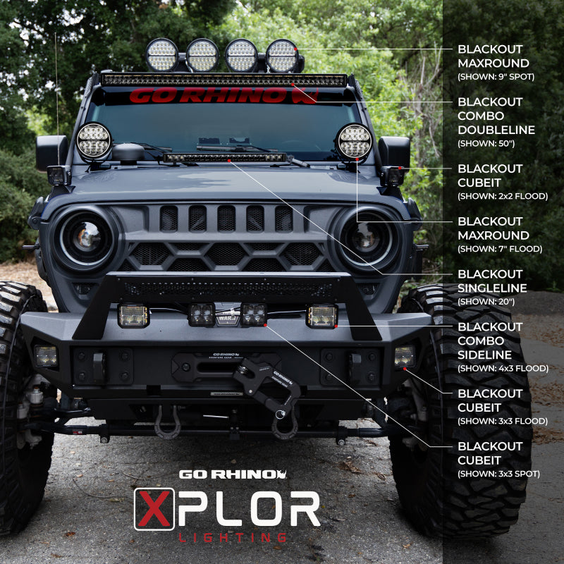 Go Rhino Xplor Blackout Series Round LED Sgl Driving Kit w/DRL (Surface/Thread Stud Mnt) 9in. - Blk