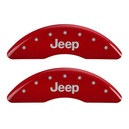 MGP 4 Caliper Covers Engraved Front JEEP Engraved Rear JEEP Grill logo Red finish silver ch